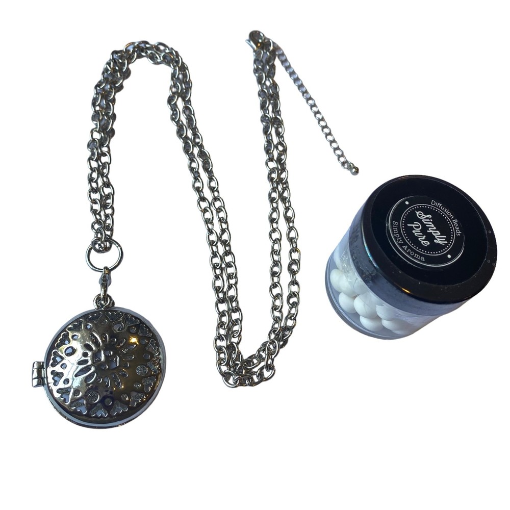 Silver-Toned Diffuser Locket Necklace w/ Simply Pure Diffusion Beads New